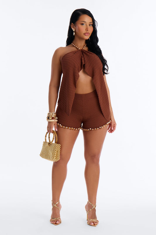 Kinsley Backless Beaded Short Set - Brown