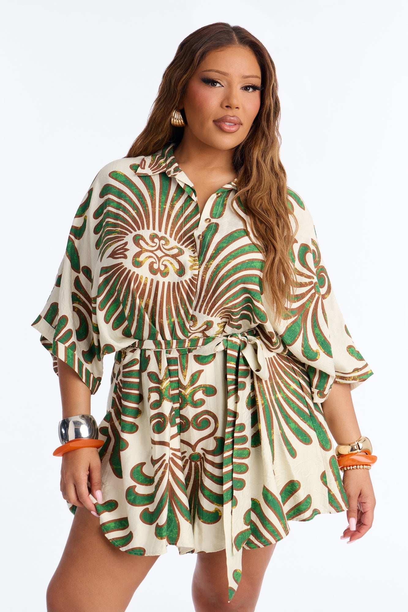 On Island Time Tropical Romper - Green/combo Fashion Nova