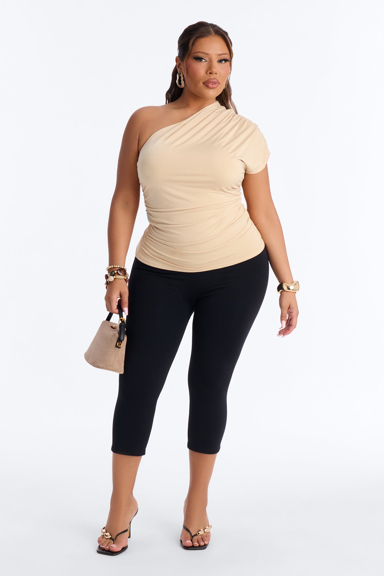 Arabella Off Shoulder Ruched Short Sleeve Top - Sand NEWFASHIONEDGE