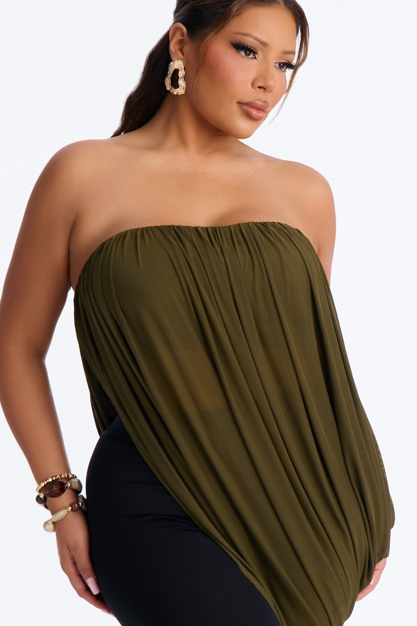 Bora Bora Nights Ruched Asymmetrical Mesh Top - Olive