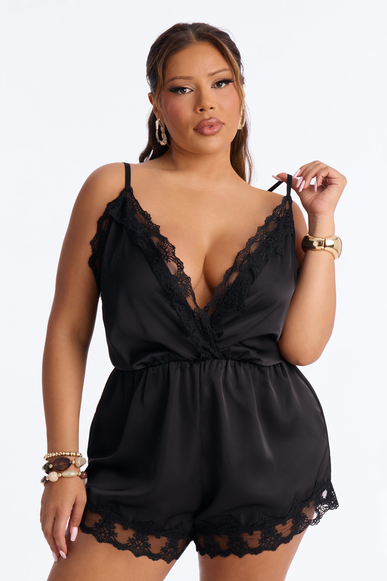 Rina Satin Lace Trim Micro Romper - Black