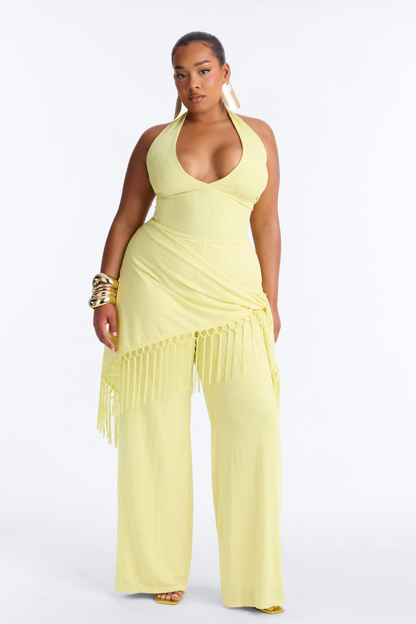 Too Chic Jumpsuit And Waist Scarf Set - Yellow
