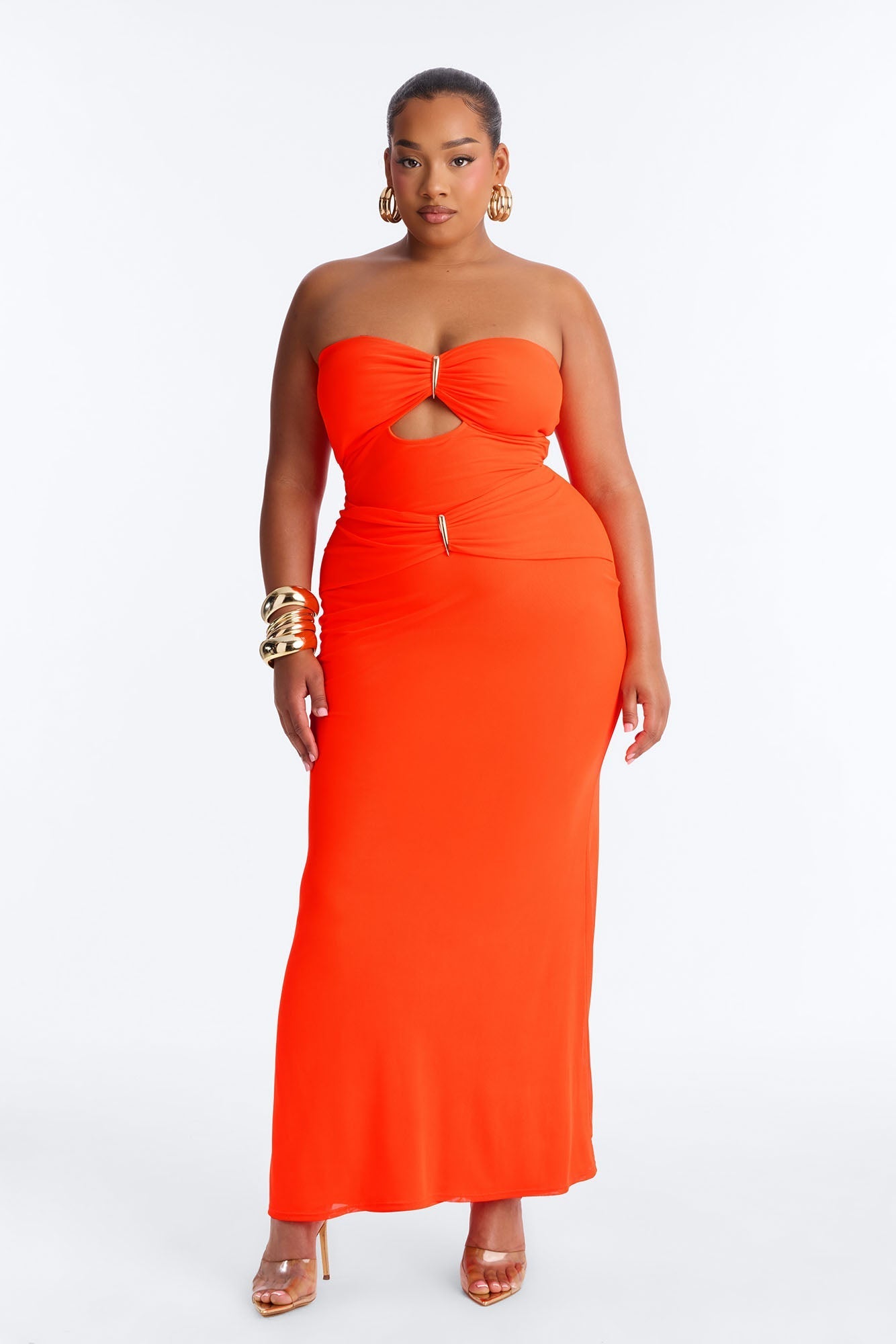 Tropical Bliss Solid Cut Out Mesh Maxi Dress - Neon Coral