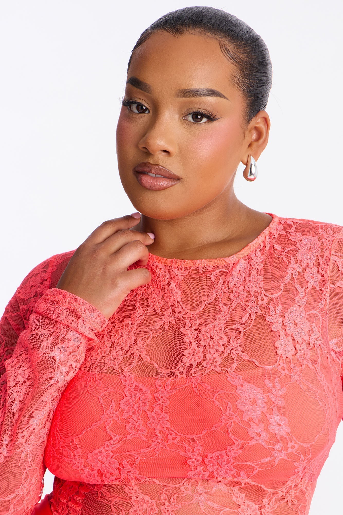 Sabina Sheer Lace Micro Mini Dress - Neon Coral