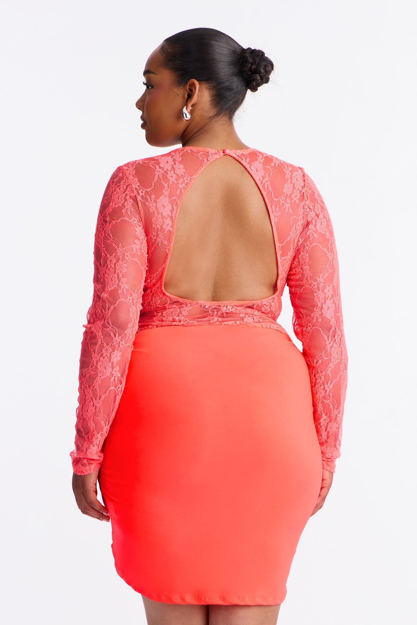 Sabina Sheer Lace Micro Mini Dress - Neon Coral