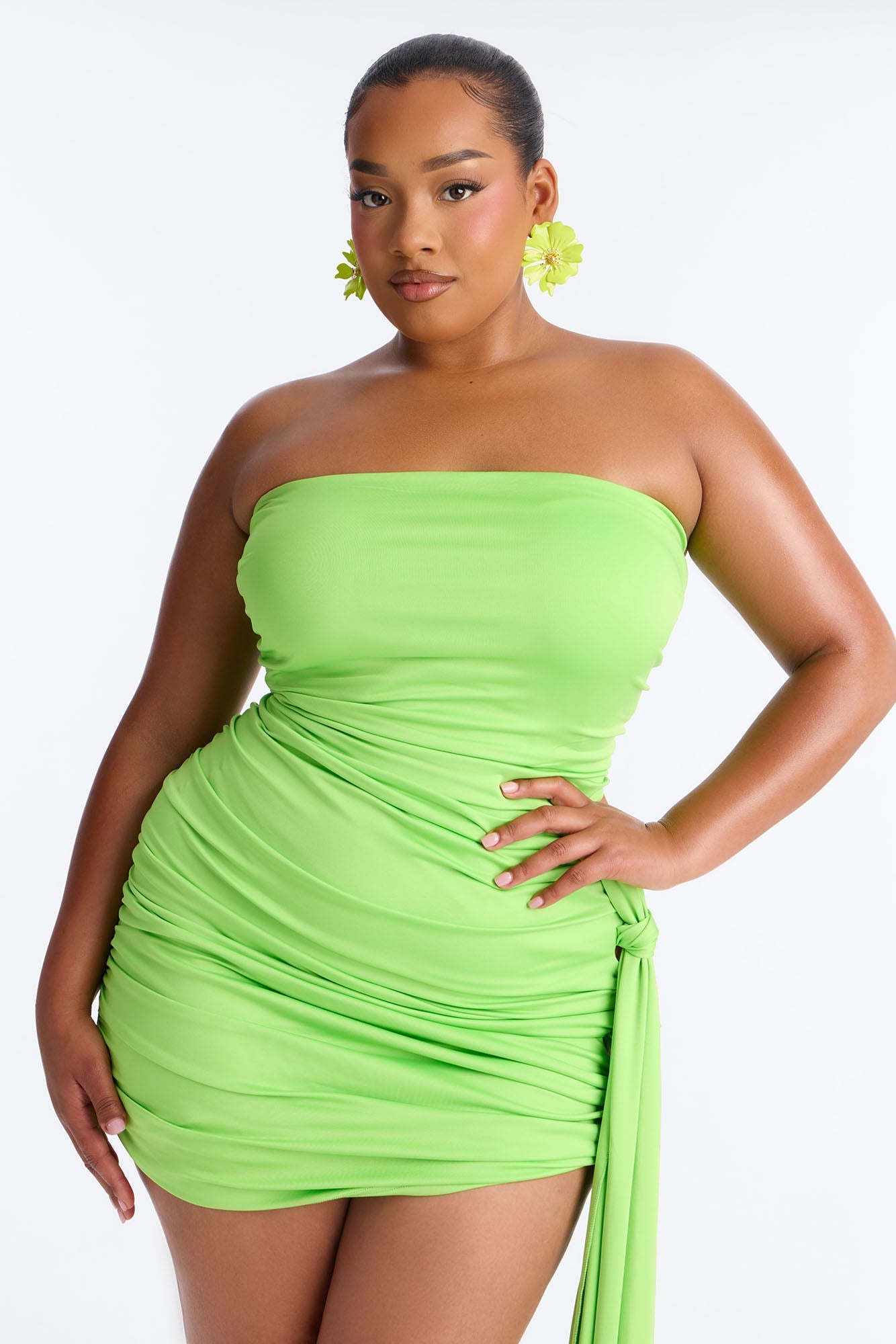 Jenna Ruched Draped Mini Dress - Lime NEWFASHIONEDGE