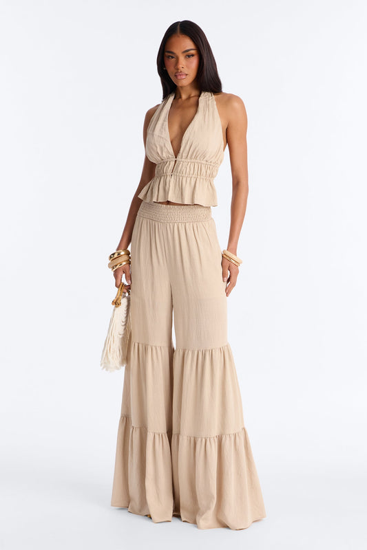 Jaysa Linen Halter Tiered Pant Set - Taupe Fashion Nova