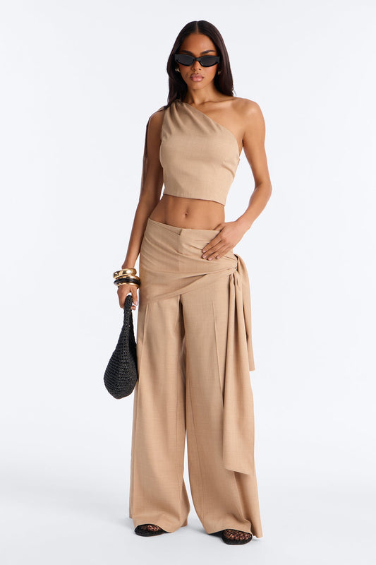 Lena Crepe One Shoulder Wrap Trouser Set - Taupe