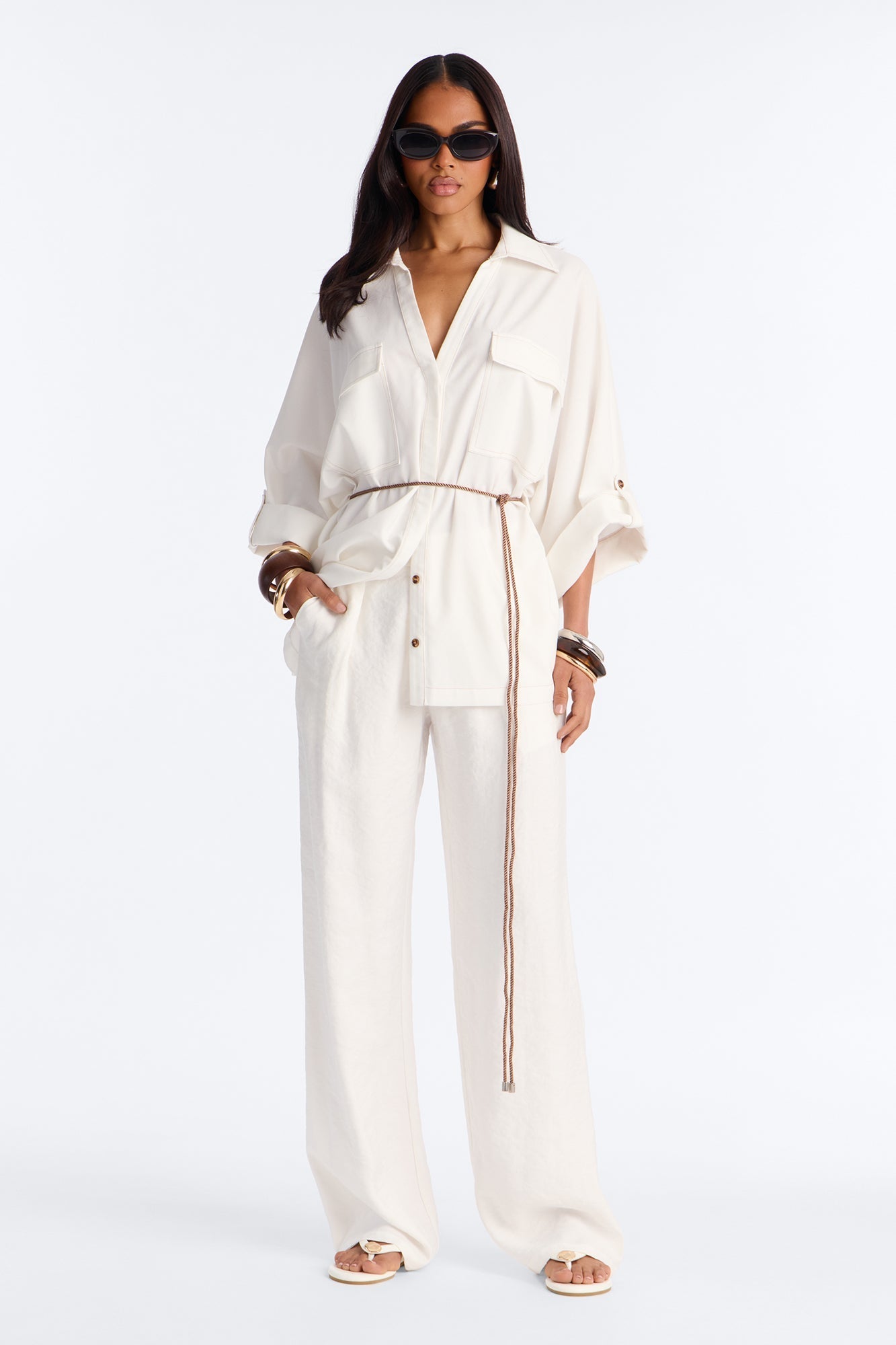 Casual Class Belted Linen Shirt - White NEWFASHIONEDGE