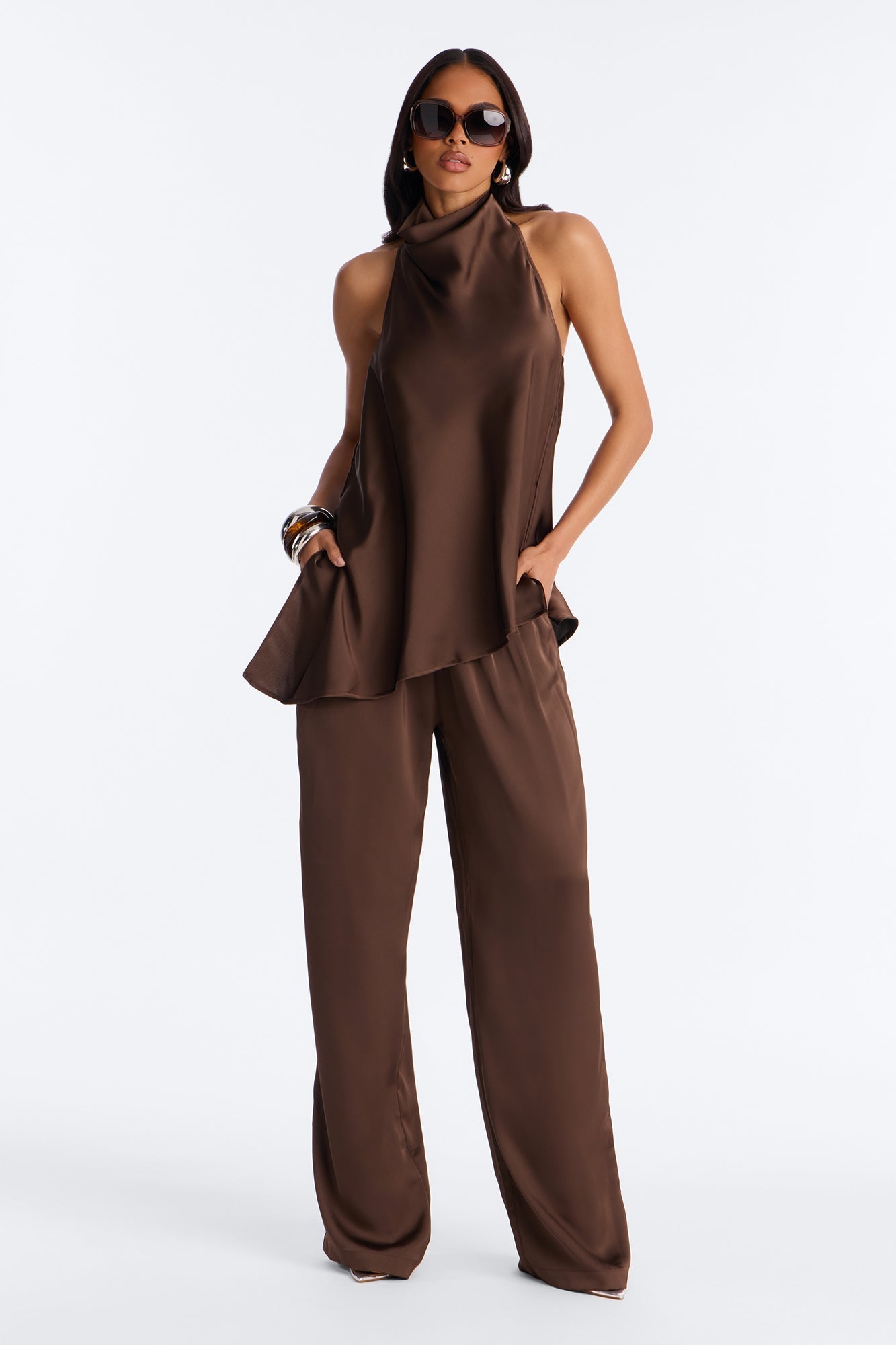 Teagan Low Rise Satin Wide Leg Pant 33″ - Chocolate