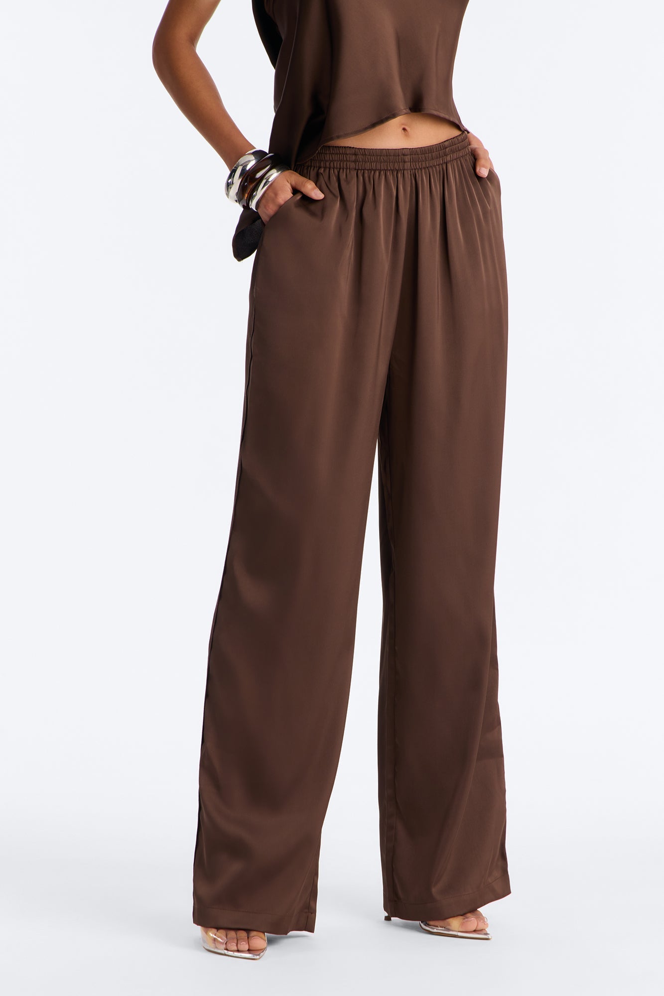 Teagan Low Rise Satin Wide Leg Pant 33″ - Chocolate