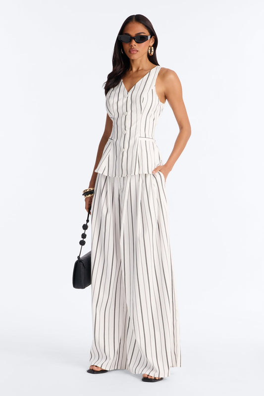 Aveena Pinstripe Vest Pant Set - White/Black