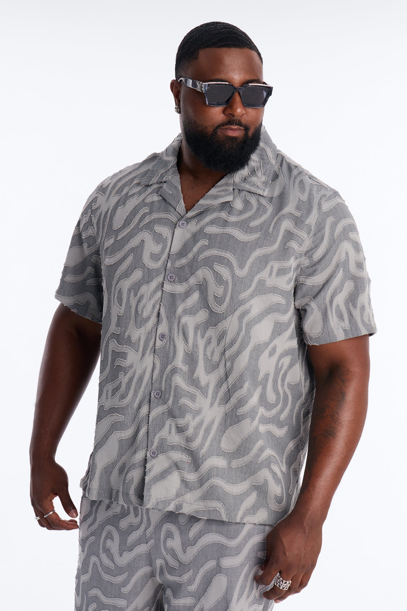 Midnight Wave Cuban Button Up Shirt - Grey