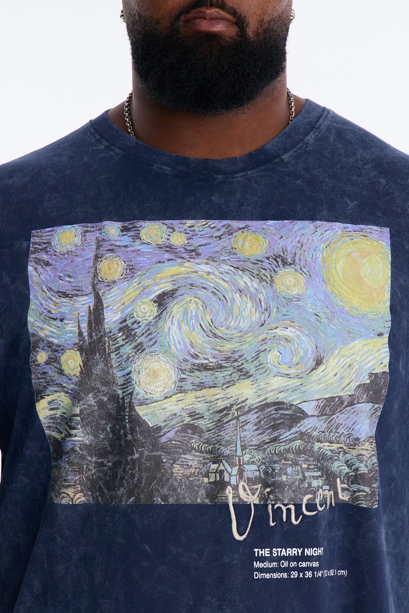 Vincent Van Gogh Starry Night Embroidered Mineral Wash Fleece Tee - Navy