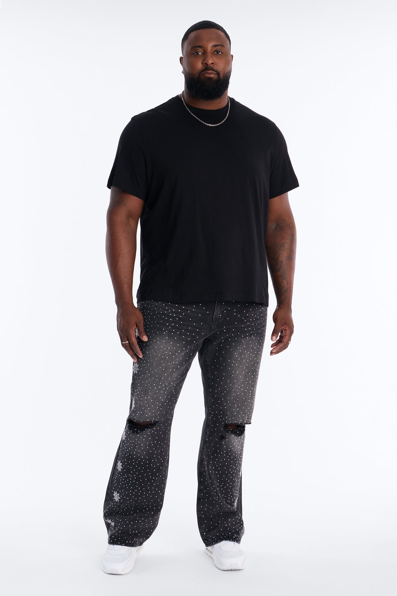 Straight Flare Static Drip Jeweled Jean - Black Wash
