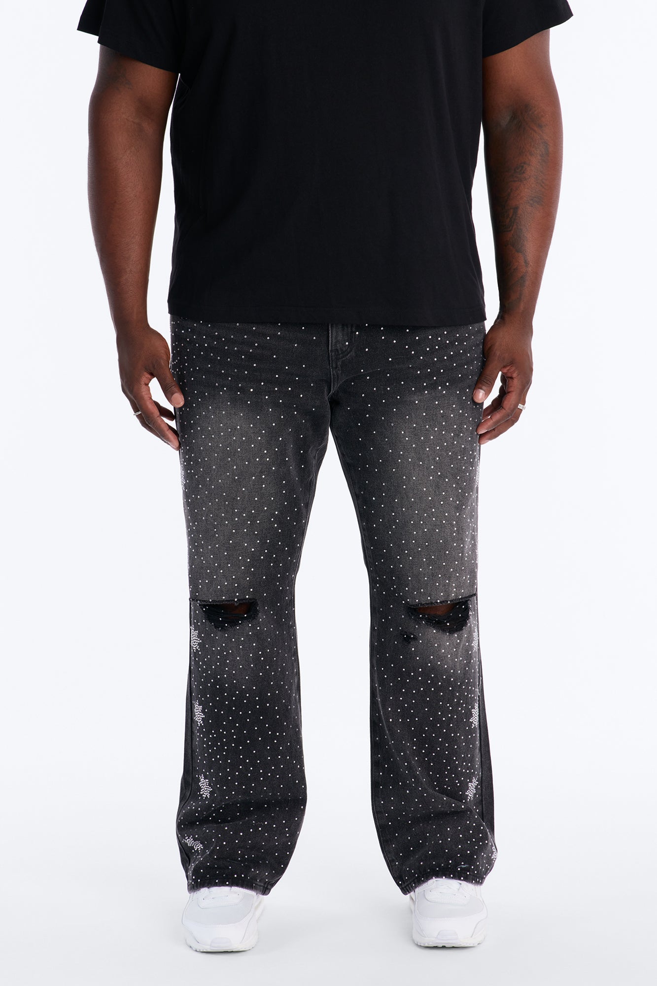 Straight Flare Static Drip Jeweled Jean - Black Wash