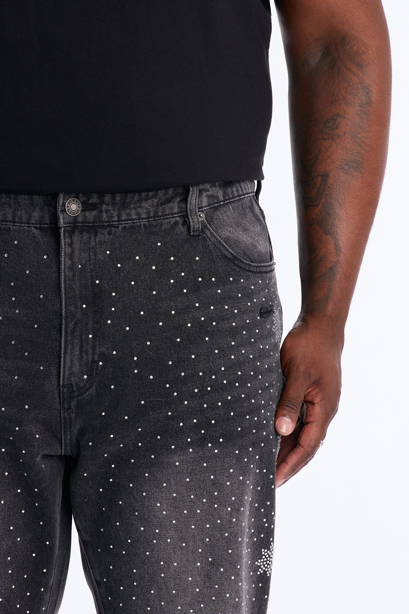 Straight Flare Static Drip Jeweled Jean - Black Wash