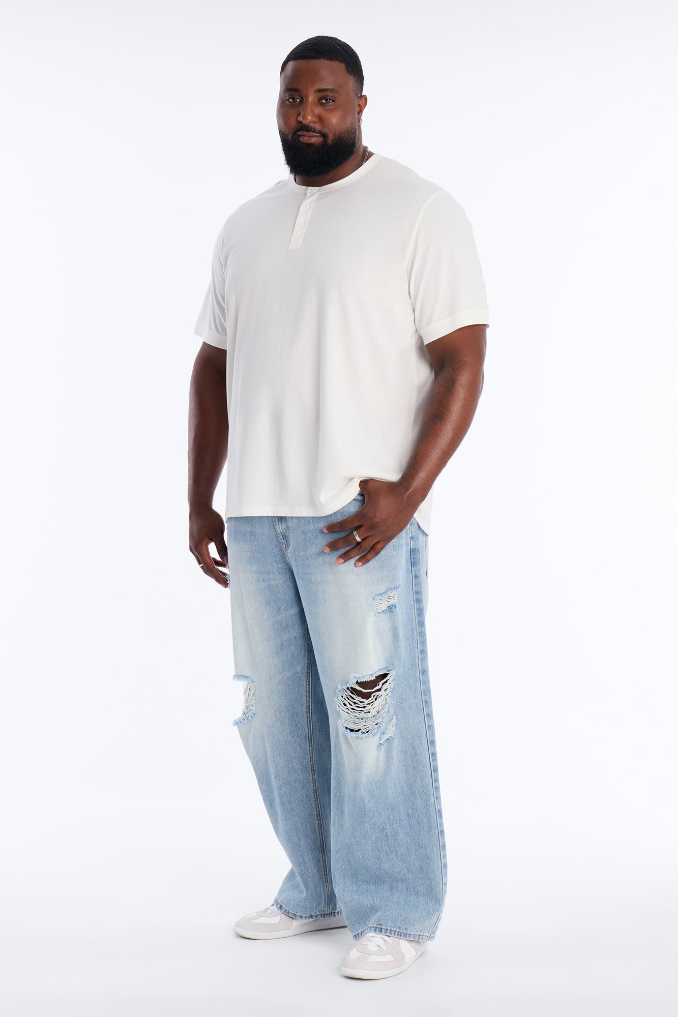 Essential Destroyed Baggy Rigid Jean - Light Blue Wash