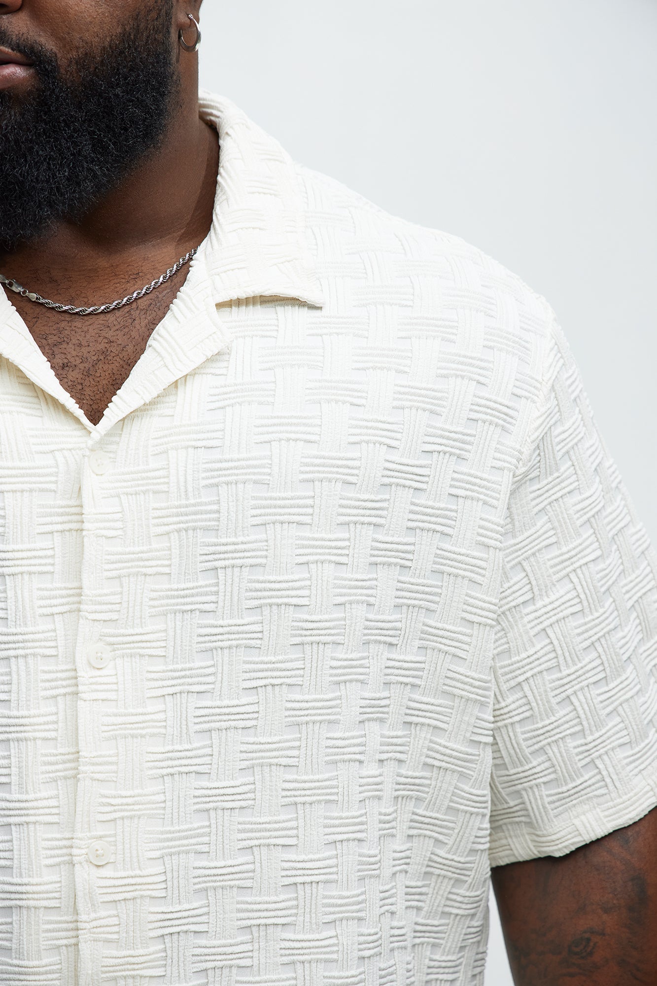 Criss Cross Textured Cuban Collar Shirt - Cream