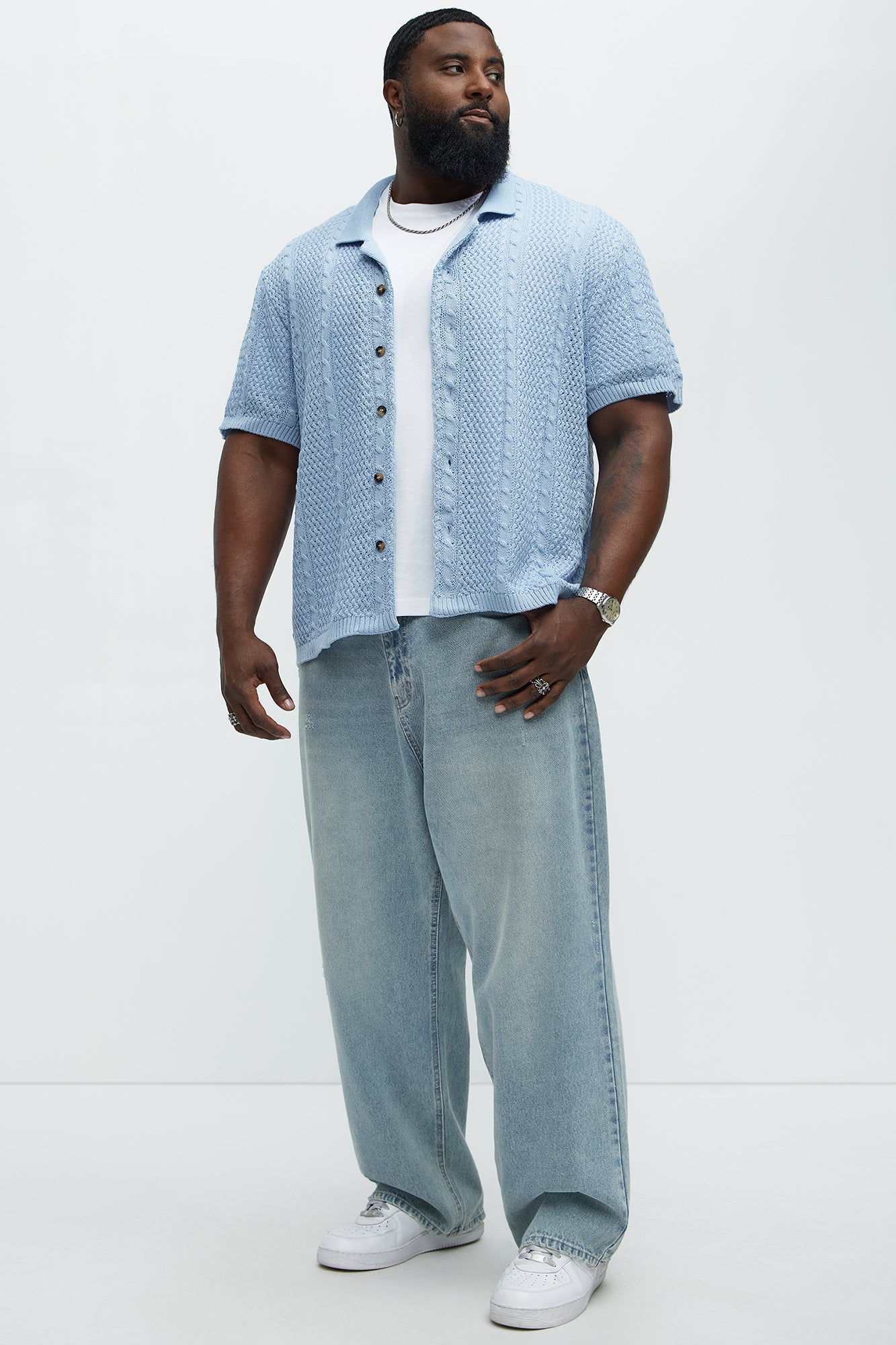 Unwind Cable Knit Short Sleeve Button Up - Blue
