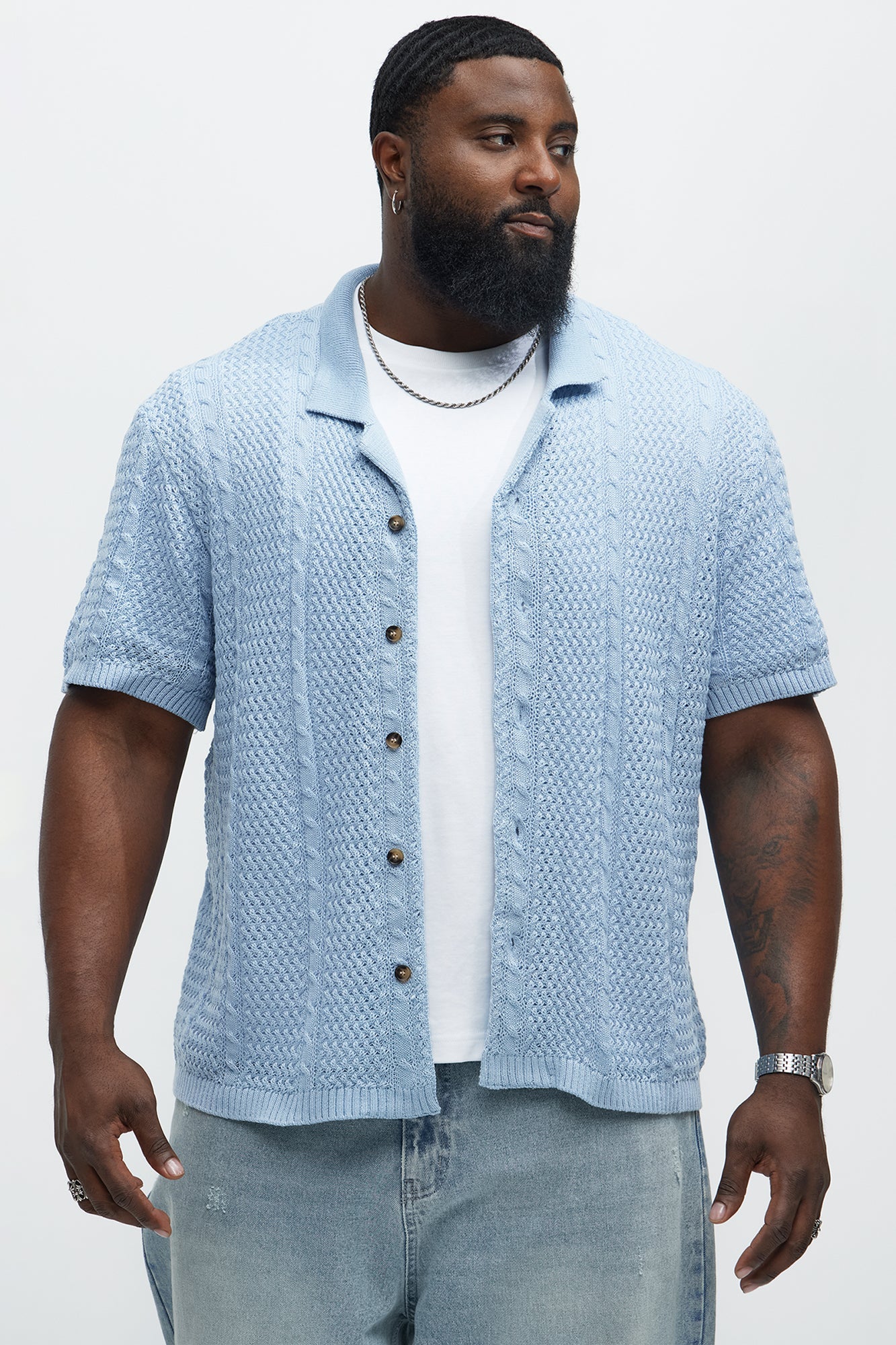 Unwind Cable Knit Short Sleeve Button Up - Blue