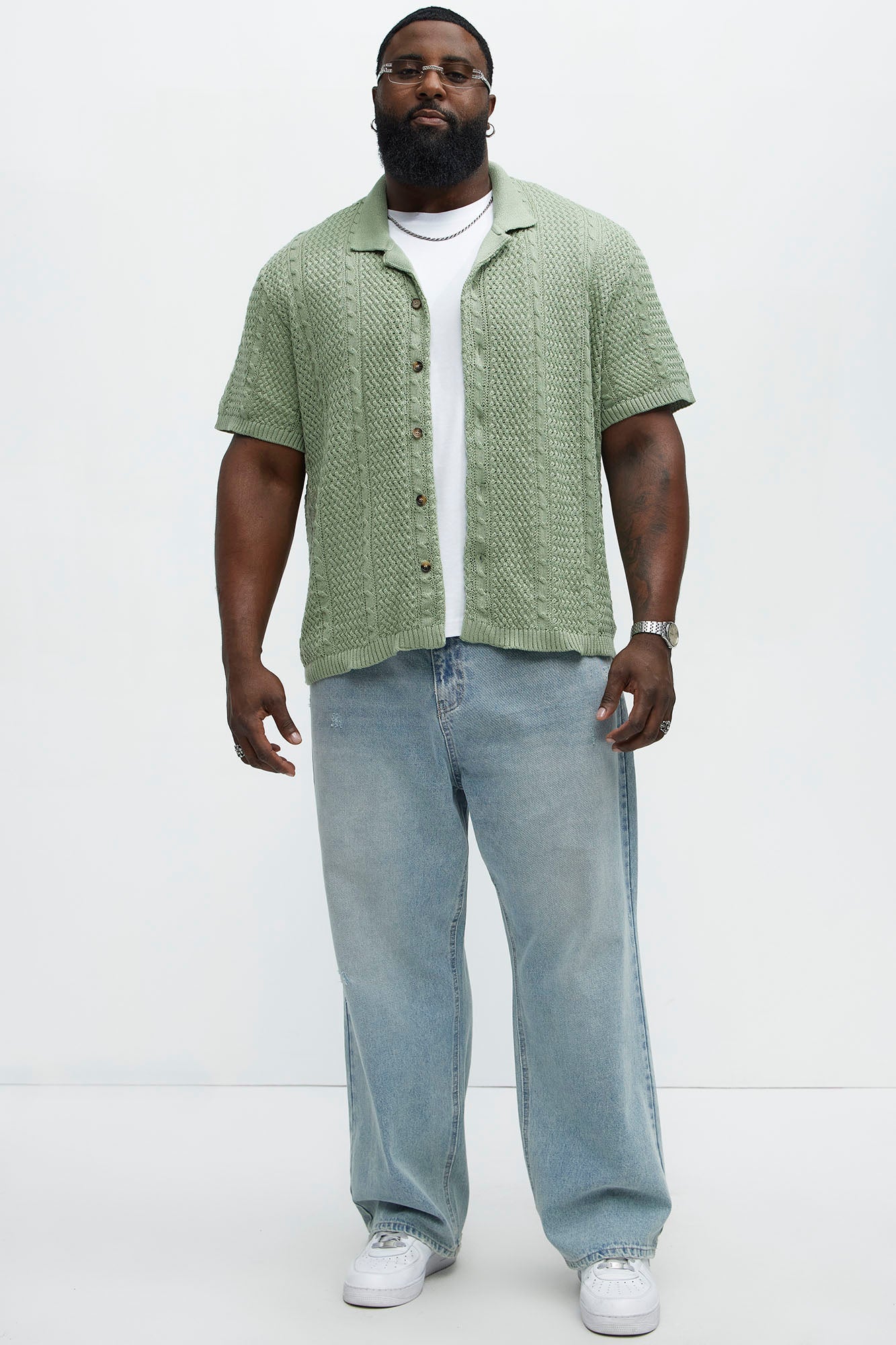 Unwind Cable Knit Short Sleeve Button Up - Sage