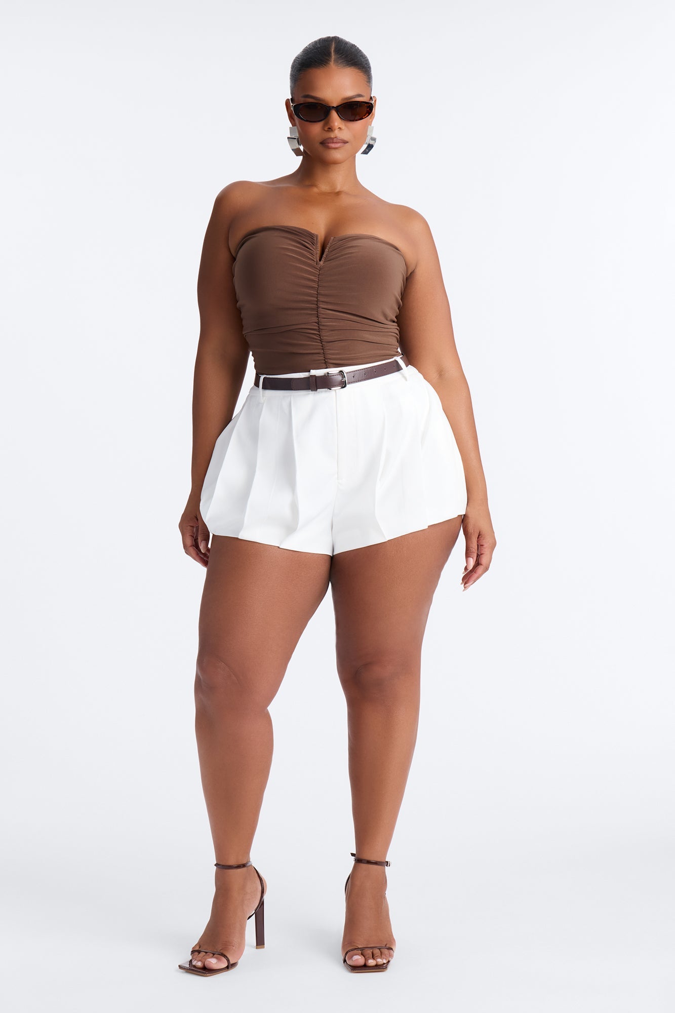 Gentle Blossom Ruched Notch Neck Strapless Bodysuit - Mocha