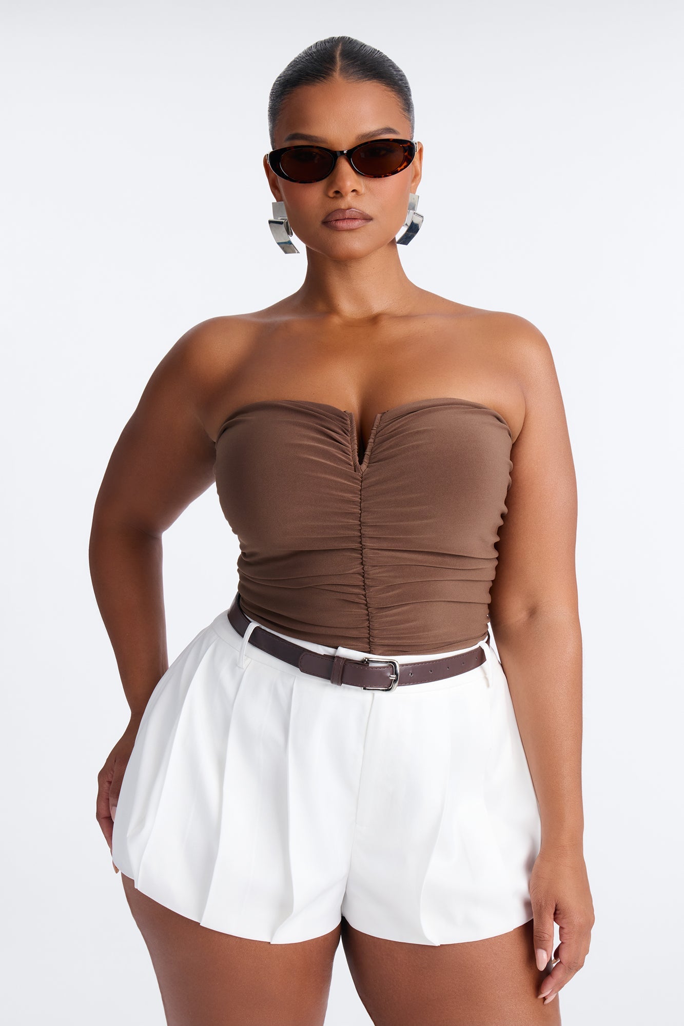 Gentle Blossom Ruched Notch Neck Strapless Bodysuit - Mocha NEWFASHIONEDGE