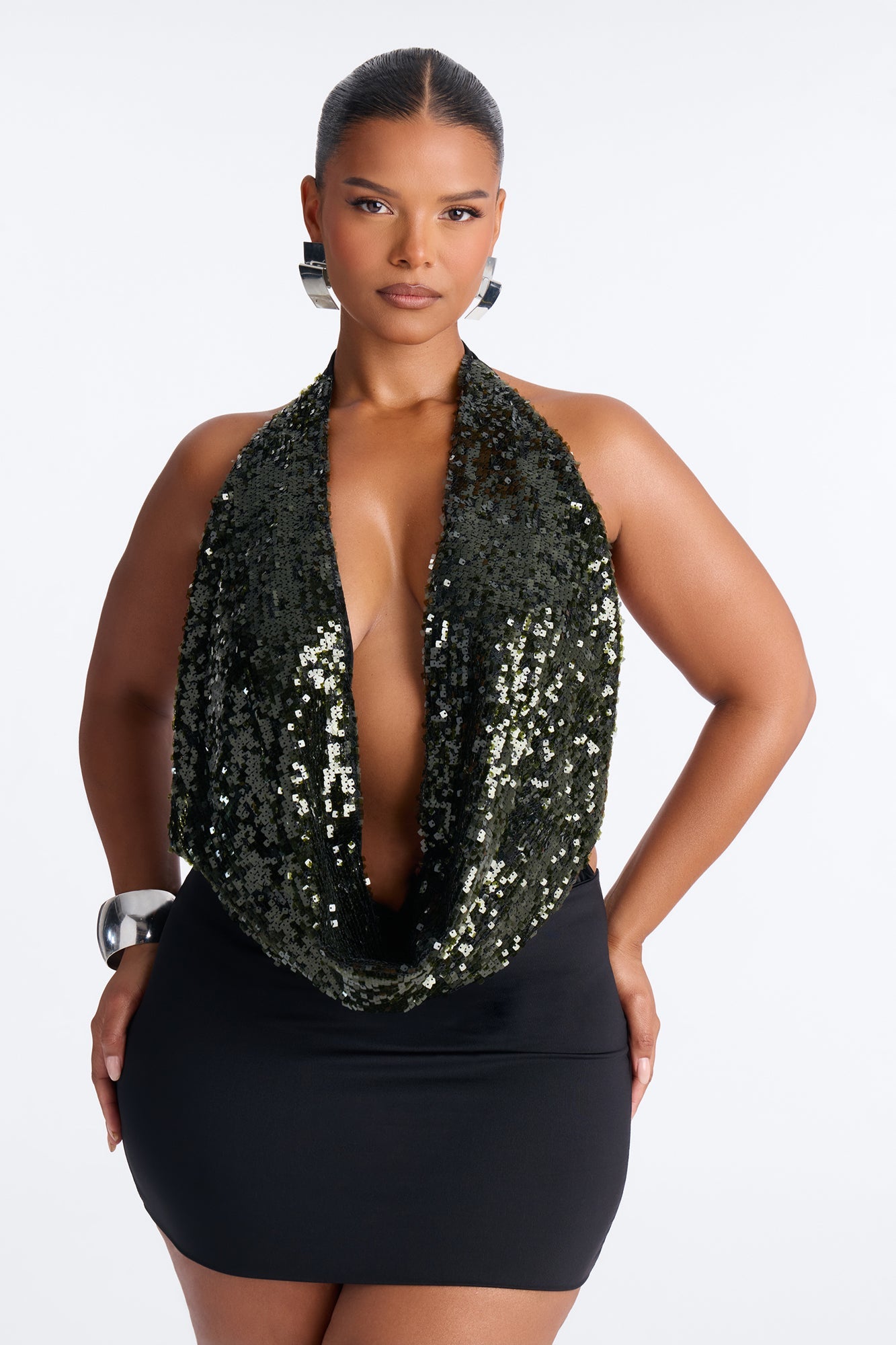 Sea Goddess Sequin Cowl Neck Halter Bodysuit - Hunter Green Fashion Nova