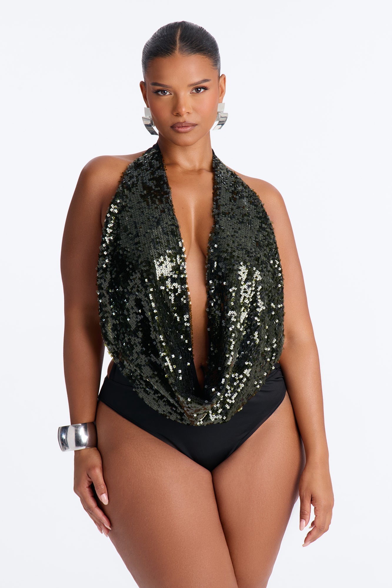 Sea Goddess Sequin Cowl Neck Halter Bodysuit - Hunter Green Fashion Nova