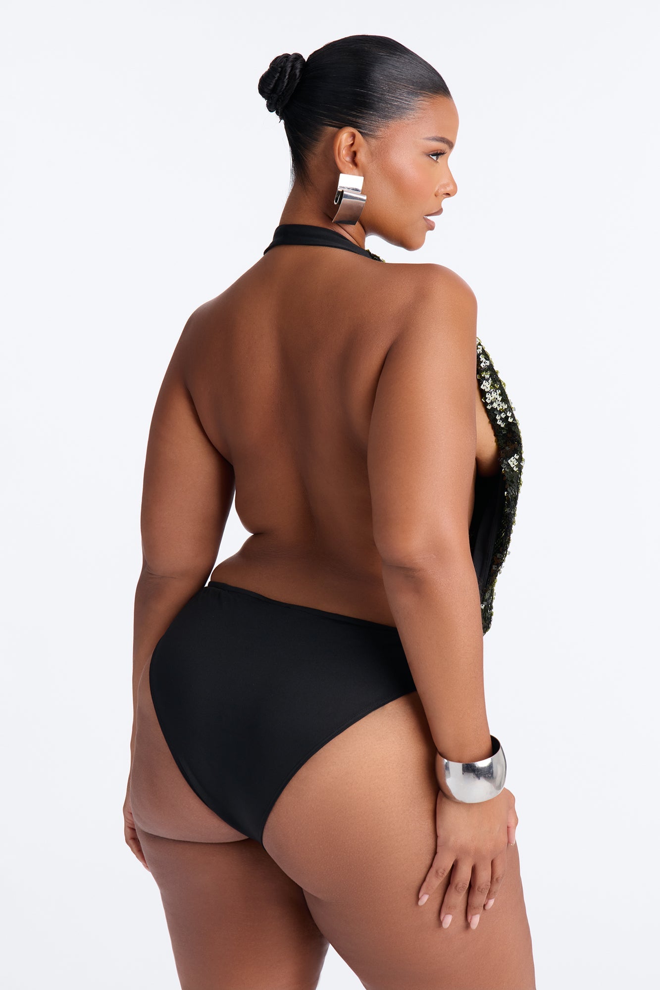 Sea Goddess Sequin Cowl Neck Halter Bodysuit - Hunter Green Fashion Nova