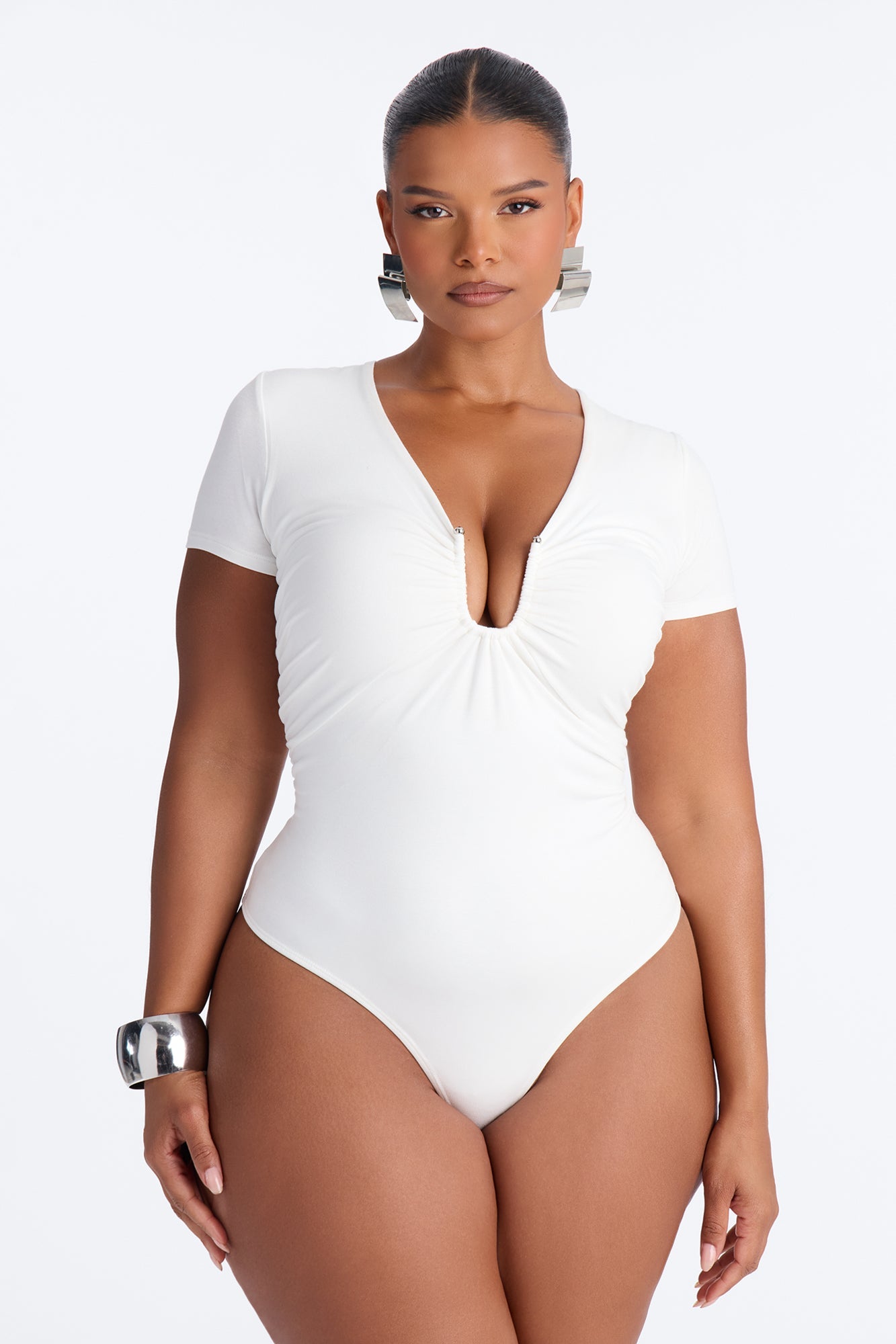 Danielle Deep V Neck Short Sleeve Bodysuit - White NEWFASHIONEDGE