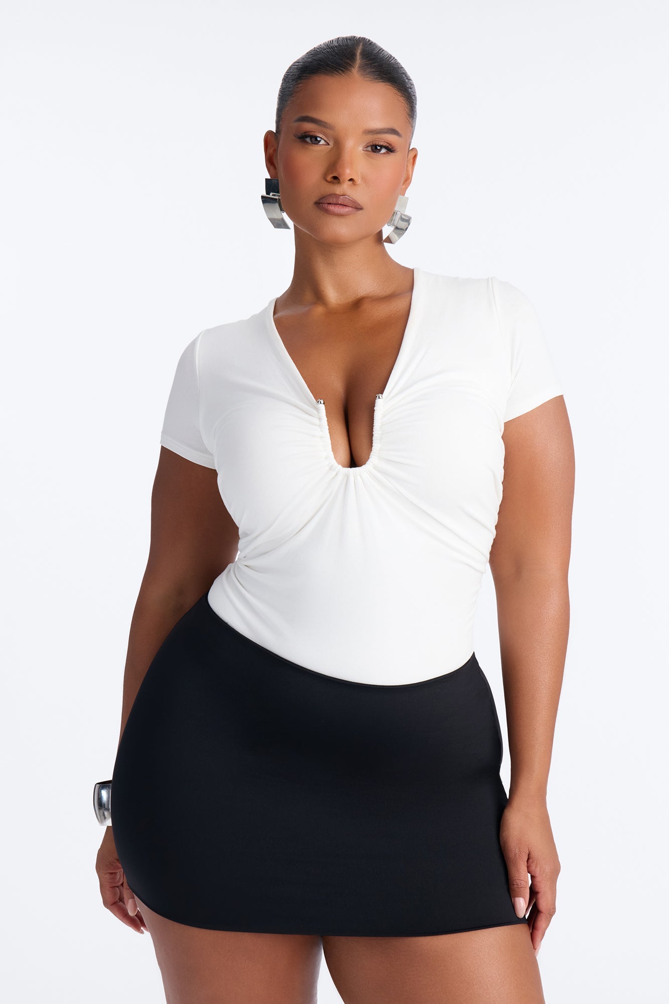 Danielle Deep V Neck Short Sleeve Bodysuit - White