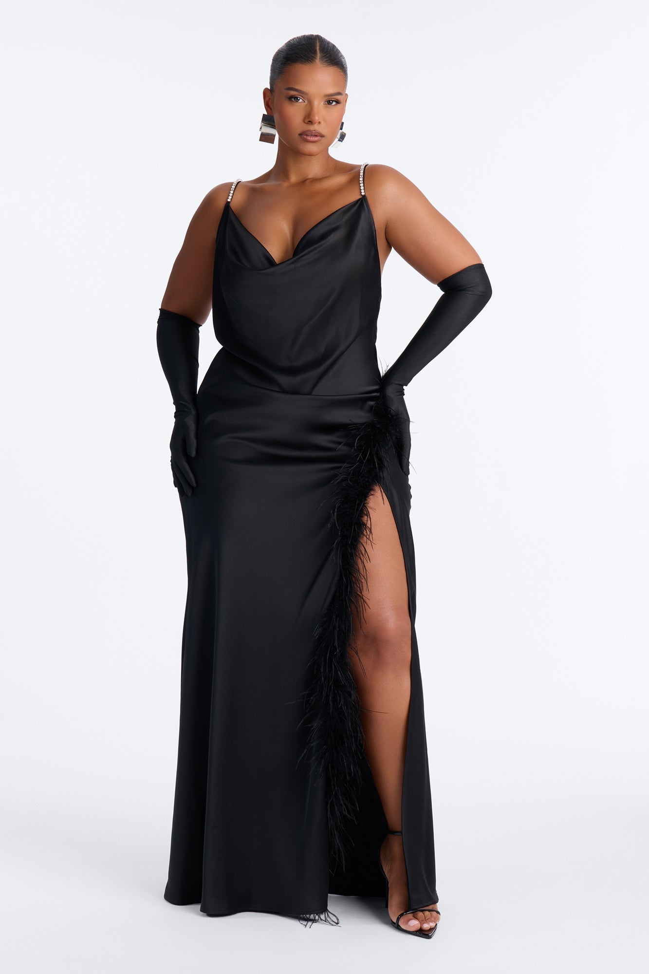 Isabella Feather Trim Satin Gown - Black NEWFASHIONEDGE