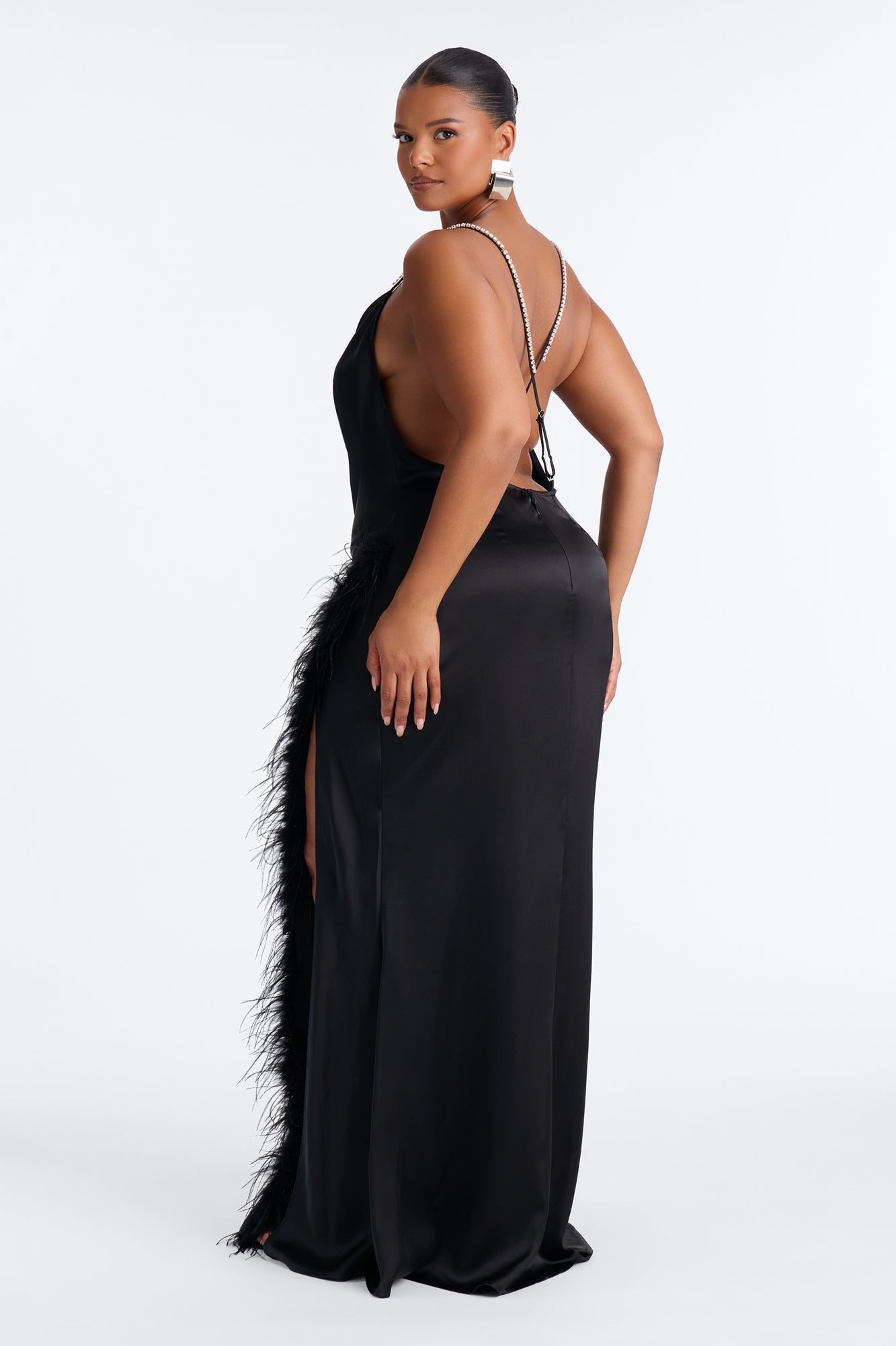 Isabella Feather Trim Satin Gown - Black NEWFASHIONEDGE