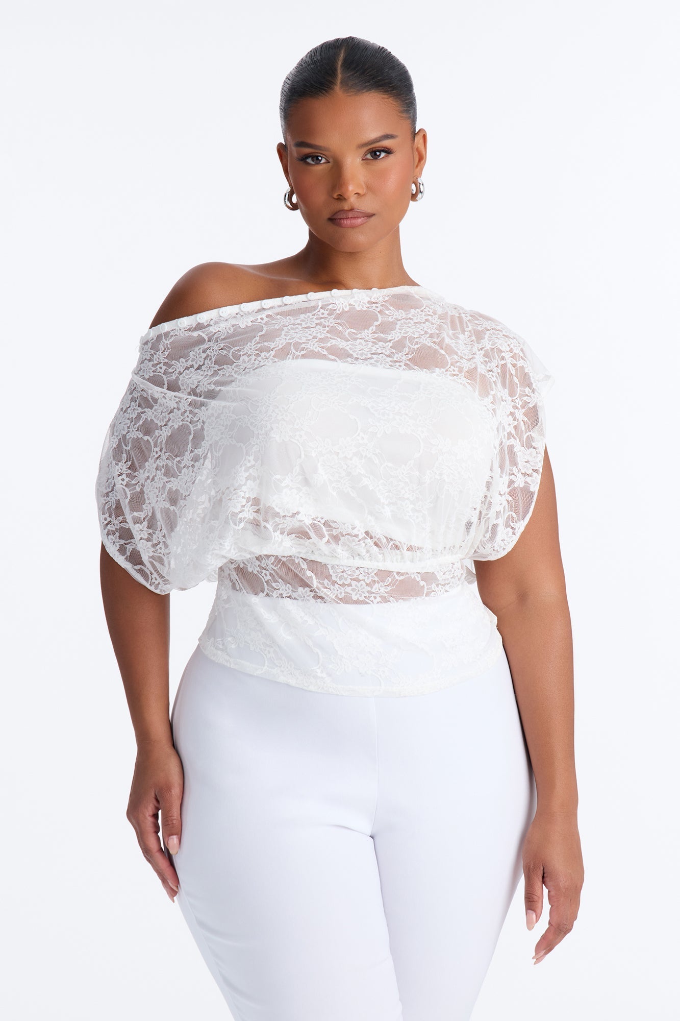 Olivia Off Shoulder Sheer Lace Top - White NEWFASHIONEDGE