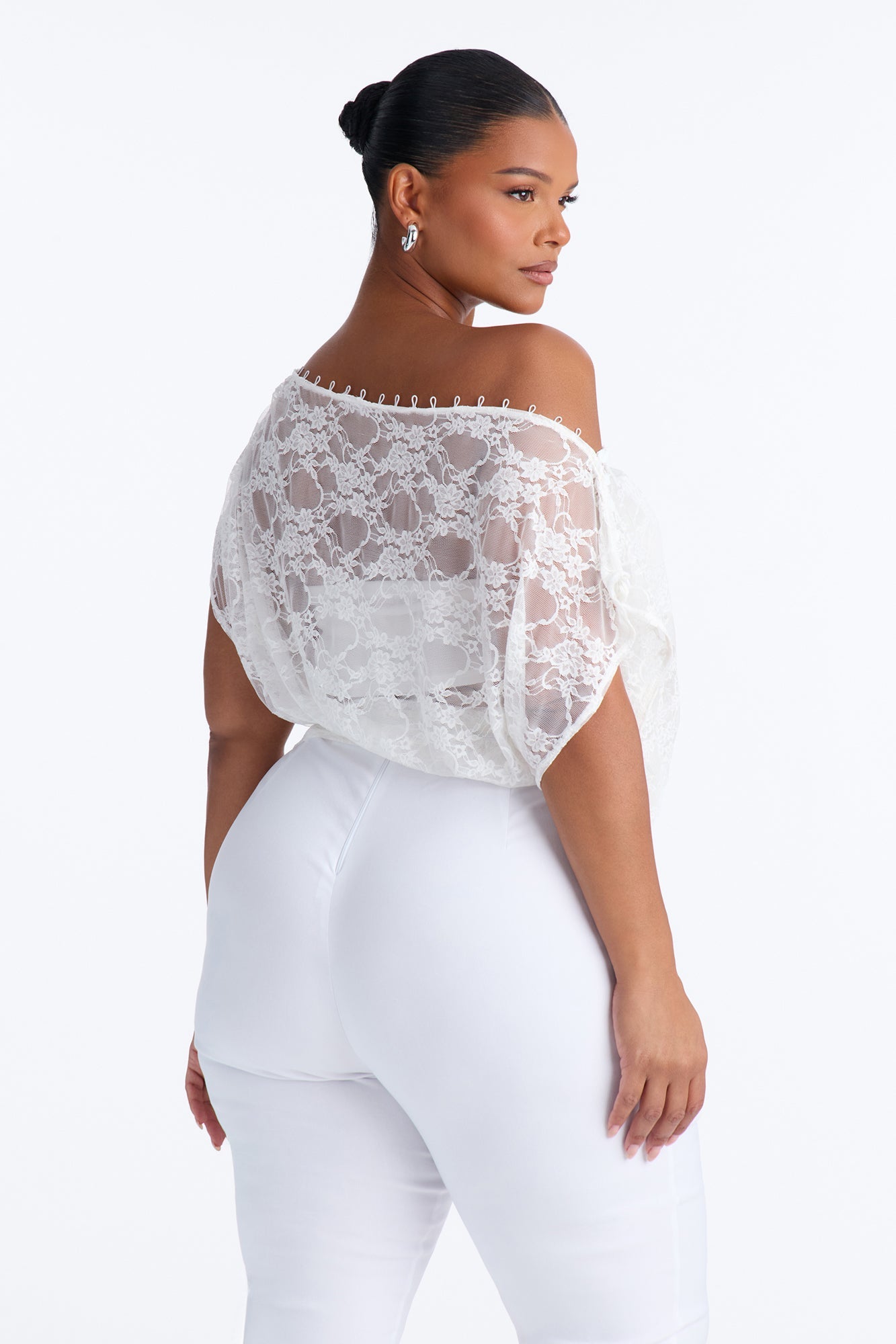 Olivia Off Shoulder Sheer Lace Top - White NEWFASHIONEDGE