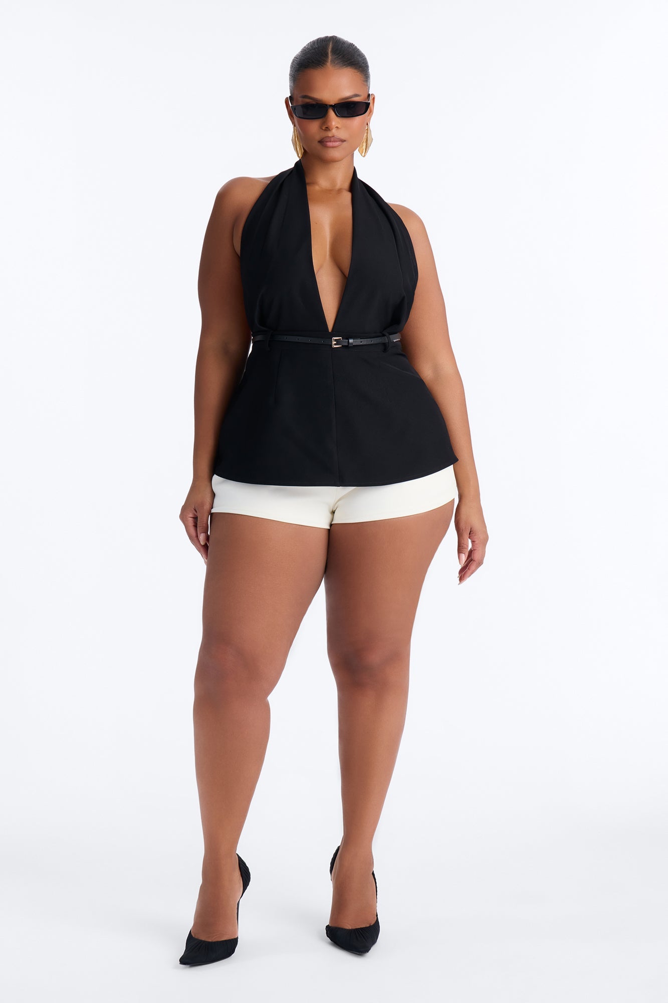 Minimal Talk Belted Twill Halter Top - Black