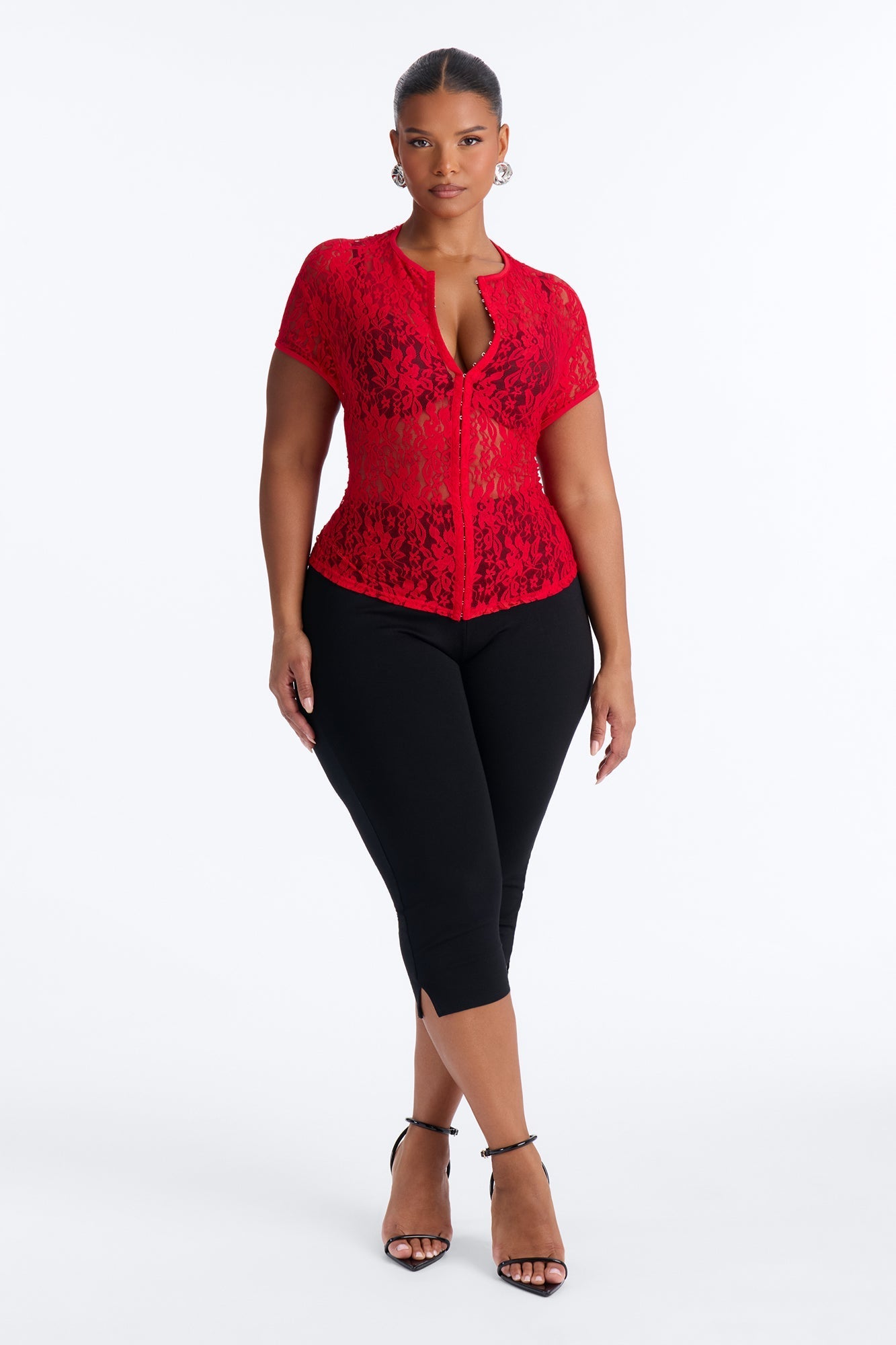 Lani Lace Mock Neck Cap Sleeve Top - Red