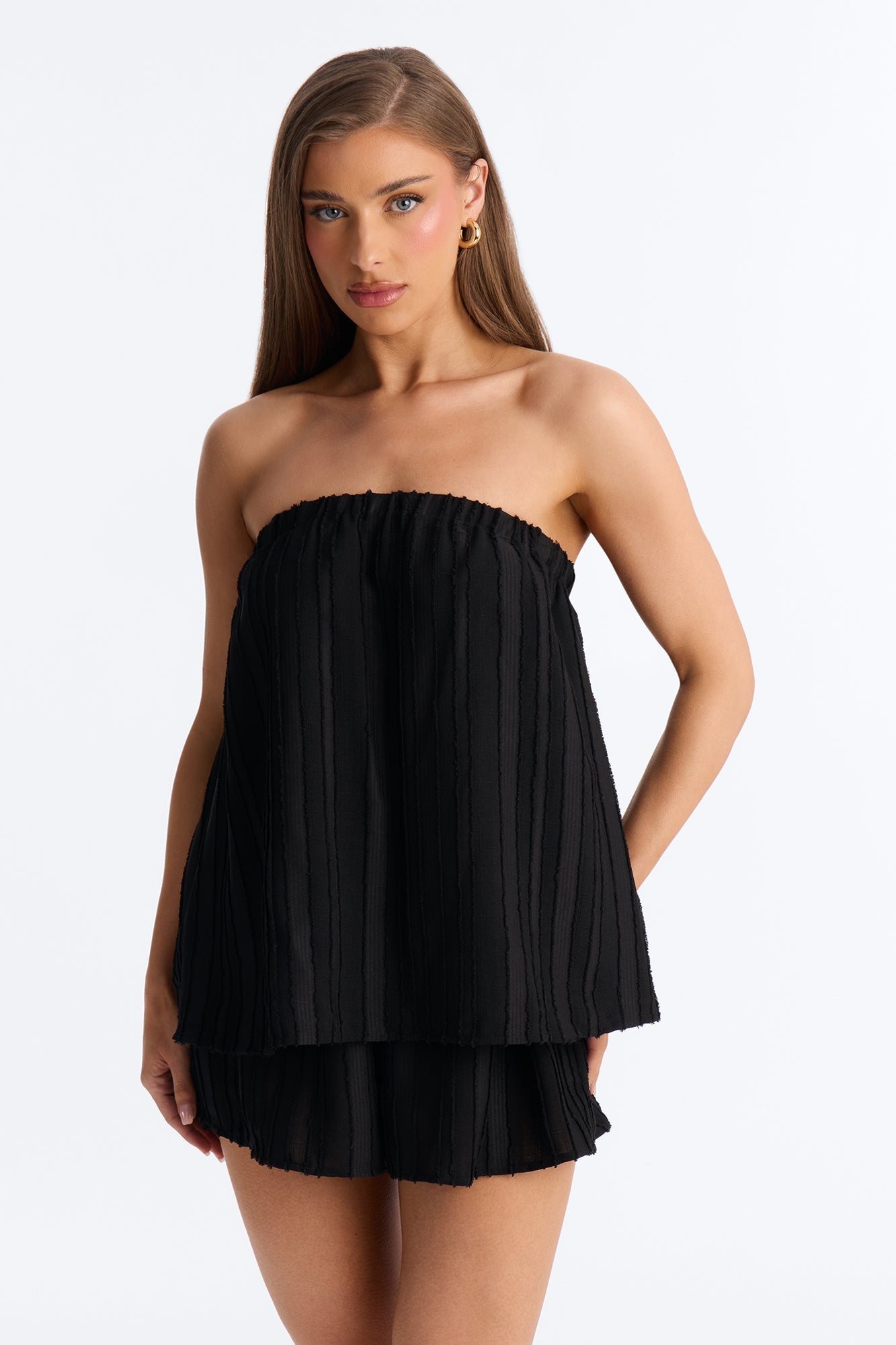 Kayley Strapless Tiered Romper - Black Fashion Nova