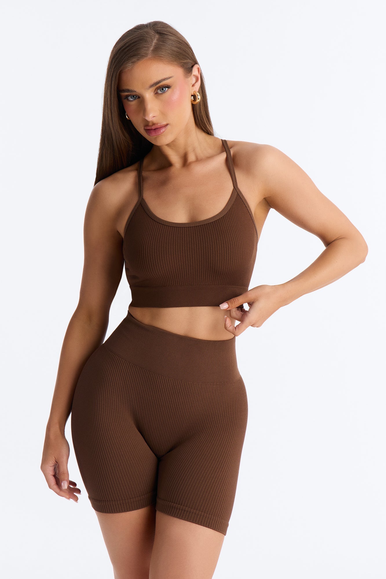 Never Settle Seamless Sports Bra Biker Short Set - Brown NEWFASHIONEDGE