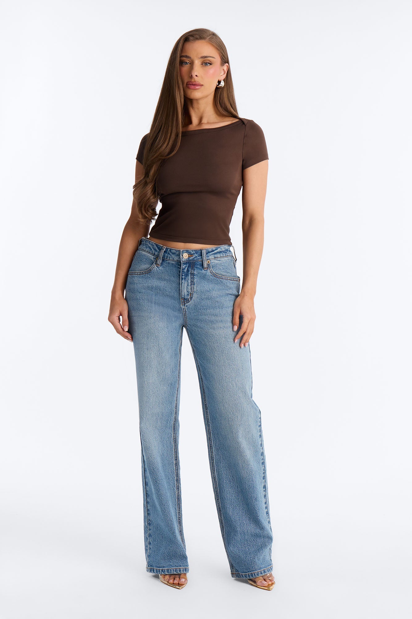 Boat Neck Ribbed T-shirt - Brown