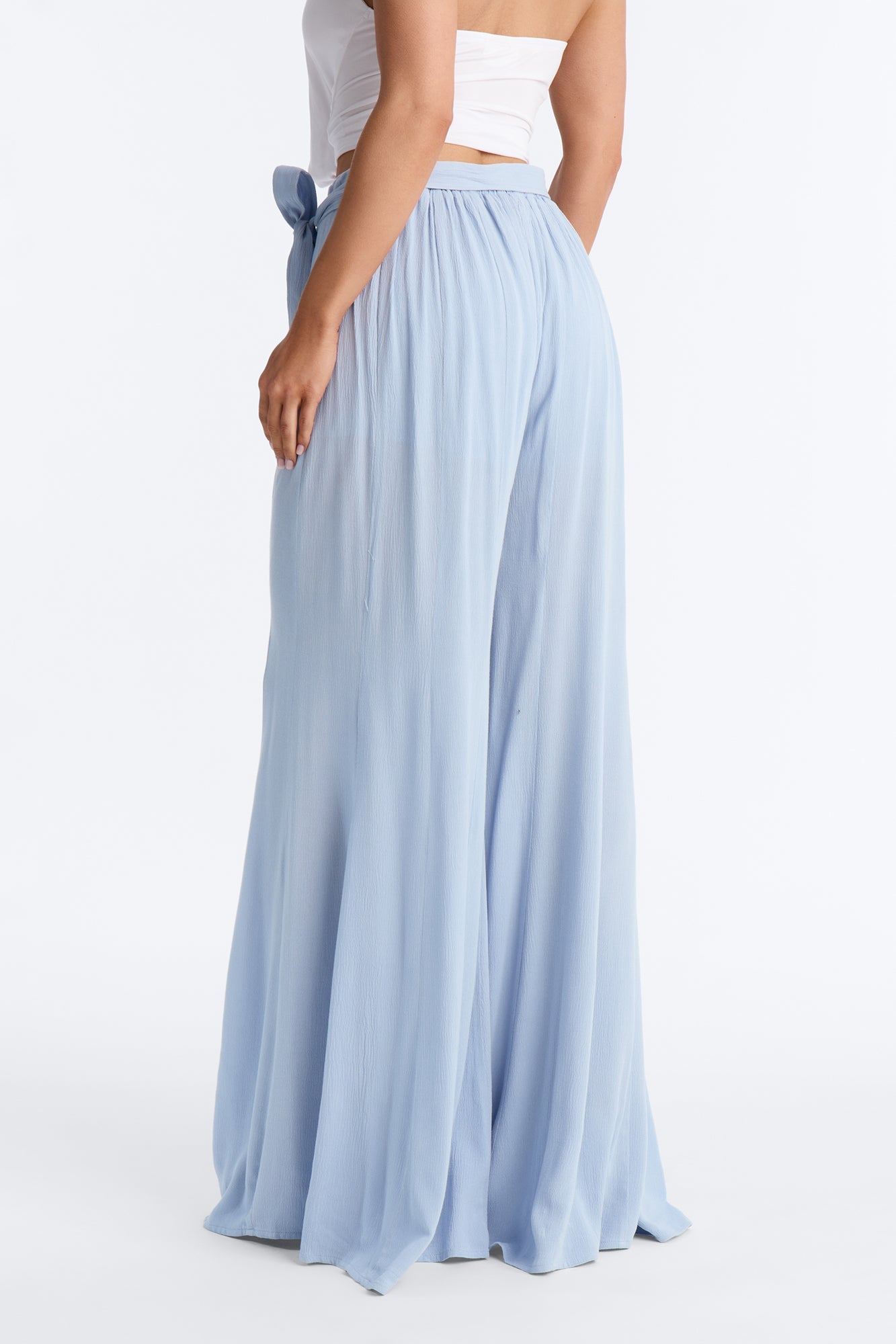 Kelsey Mid Rise Tie Waist Flowy Wide Leg Pant 34″ - Light Blue