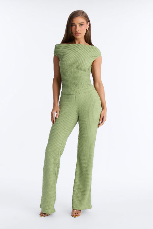 Sadie Textured Off Shoulder Pant Set - Sage NEWFASHIONEDGE