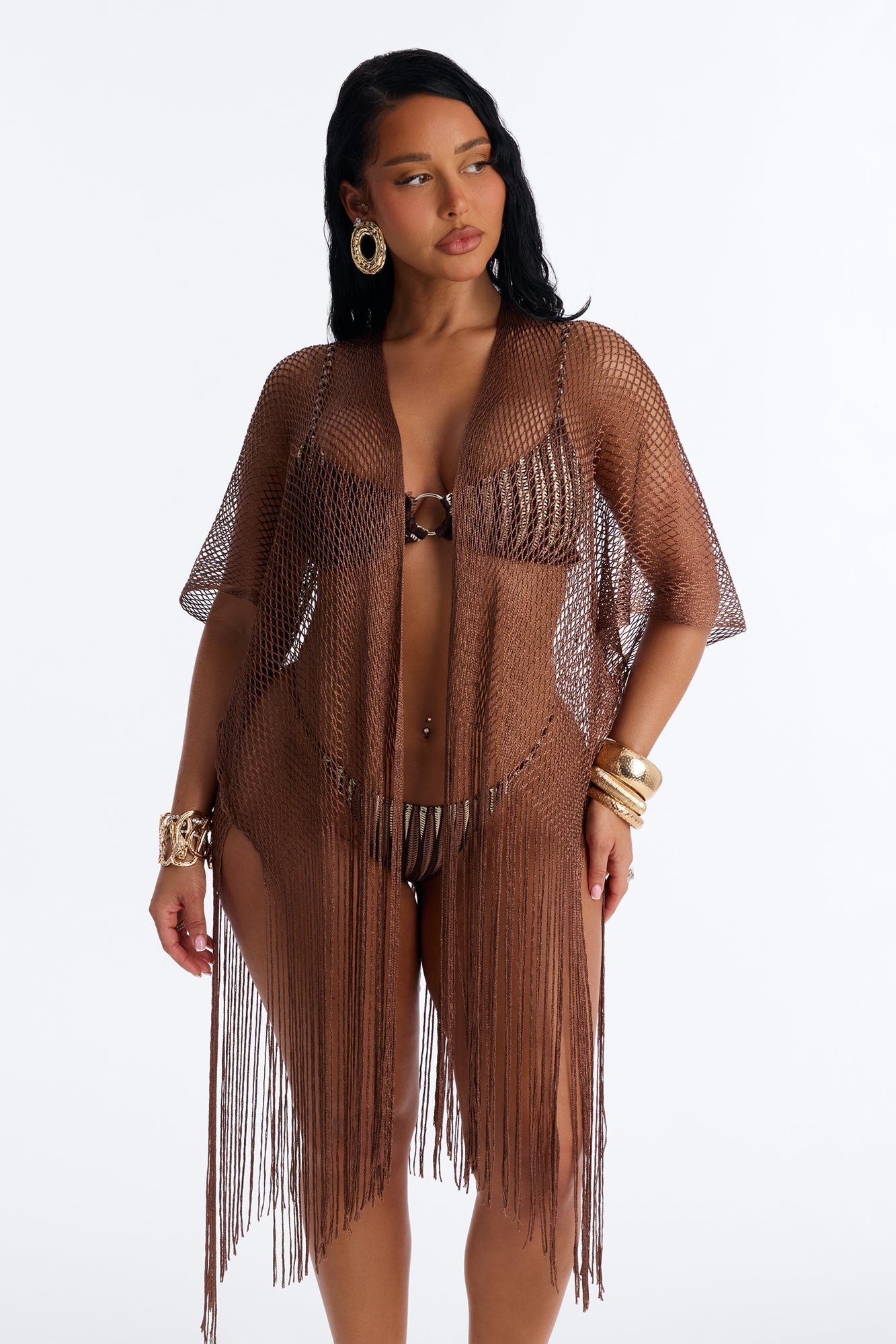 Paula Shimmer Fringe Swim Cover Up Kimono - Bronze NEWFASHIONEDGE