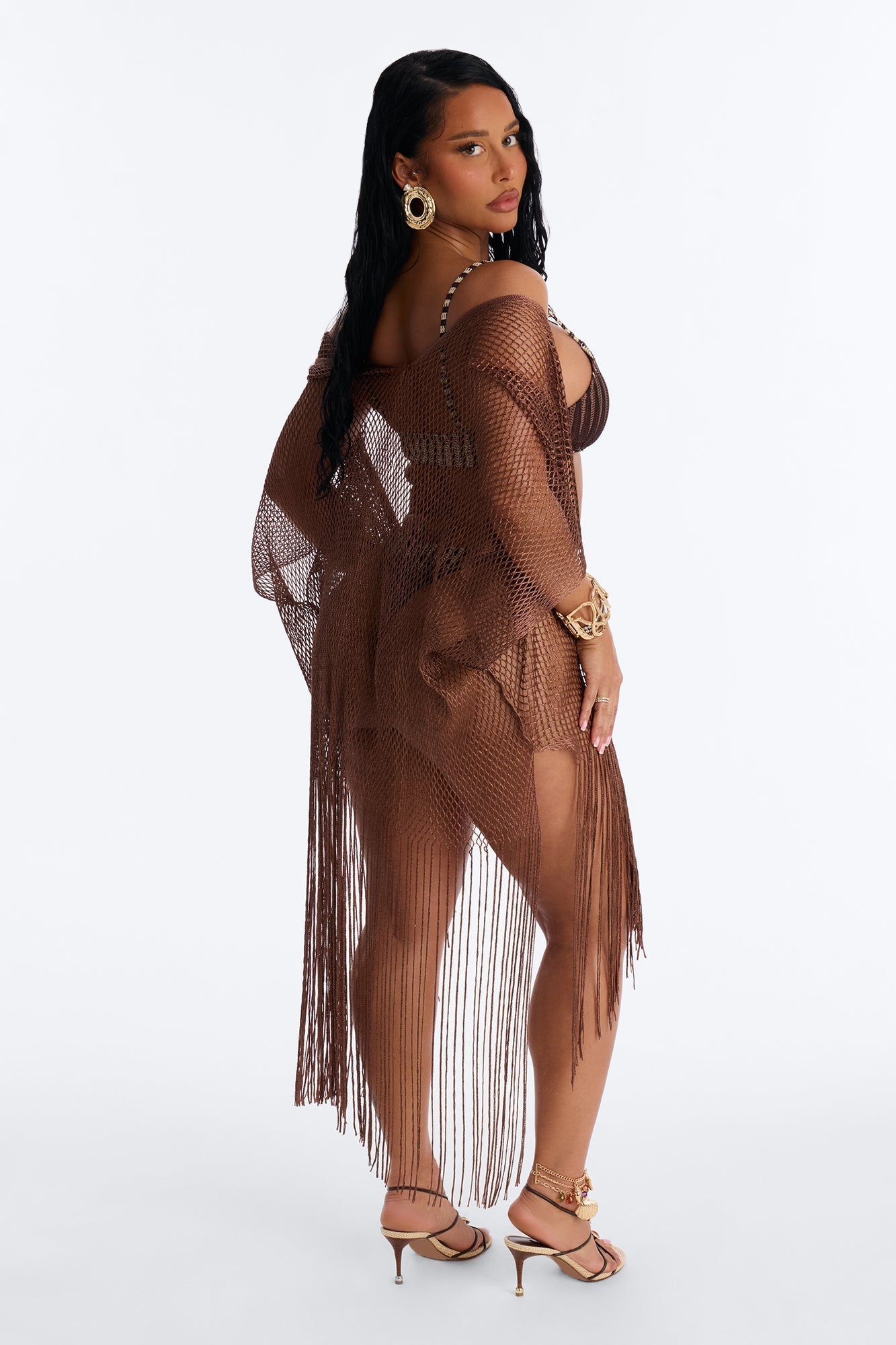 Paula Shimmer Fringe Swim Cover Up Kimono - Bronze NEWFASHIONEDGE