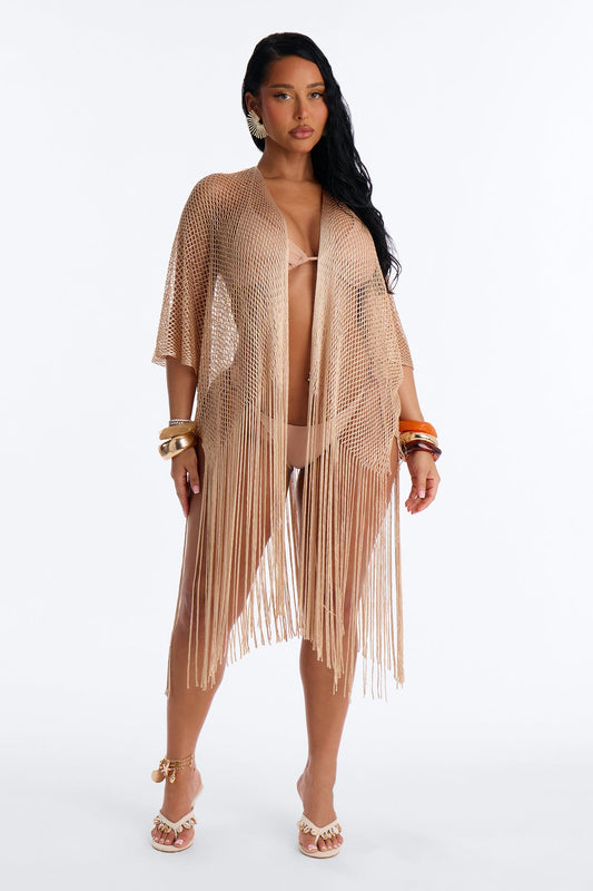 Paula Shimmer Fringe Swim Cover Up Kimono - Gold