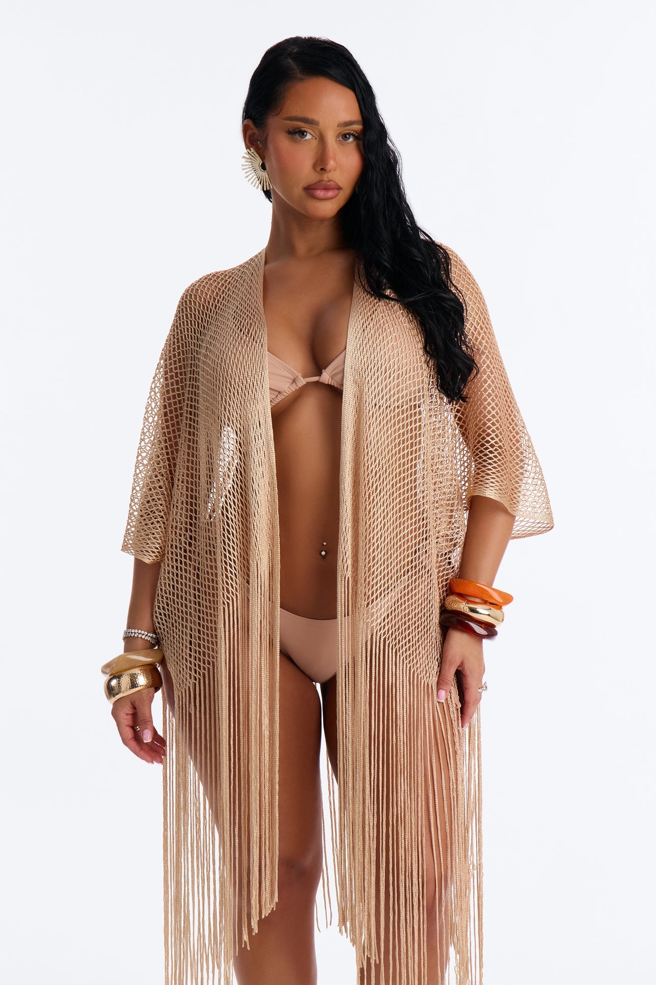 Paula Shimmer Fringe Swim Cover Up Kimono - Gold NEWFASHIONEDGE