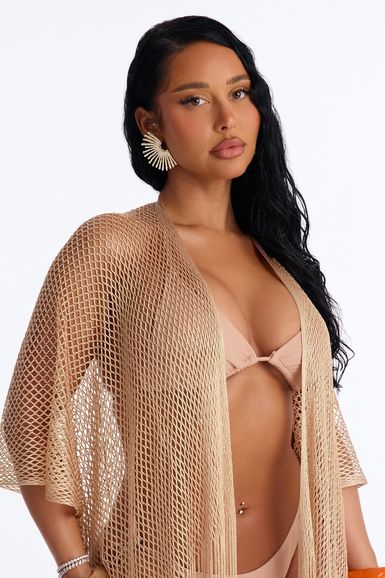 Paula Shimmer Fringe Swim Cover Up Kimono - Gold NEWFASHIONEDGE