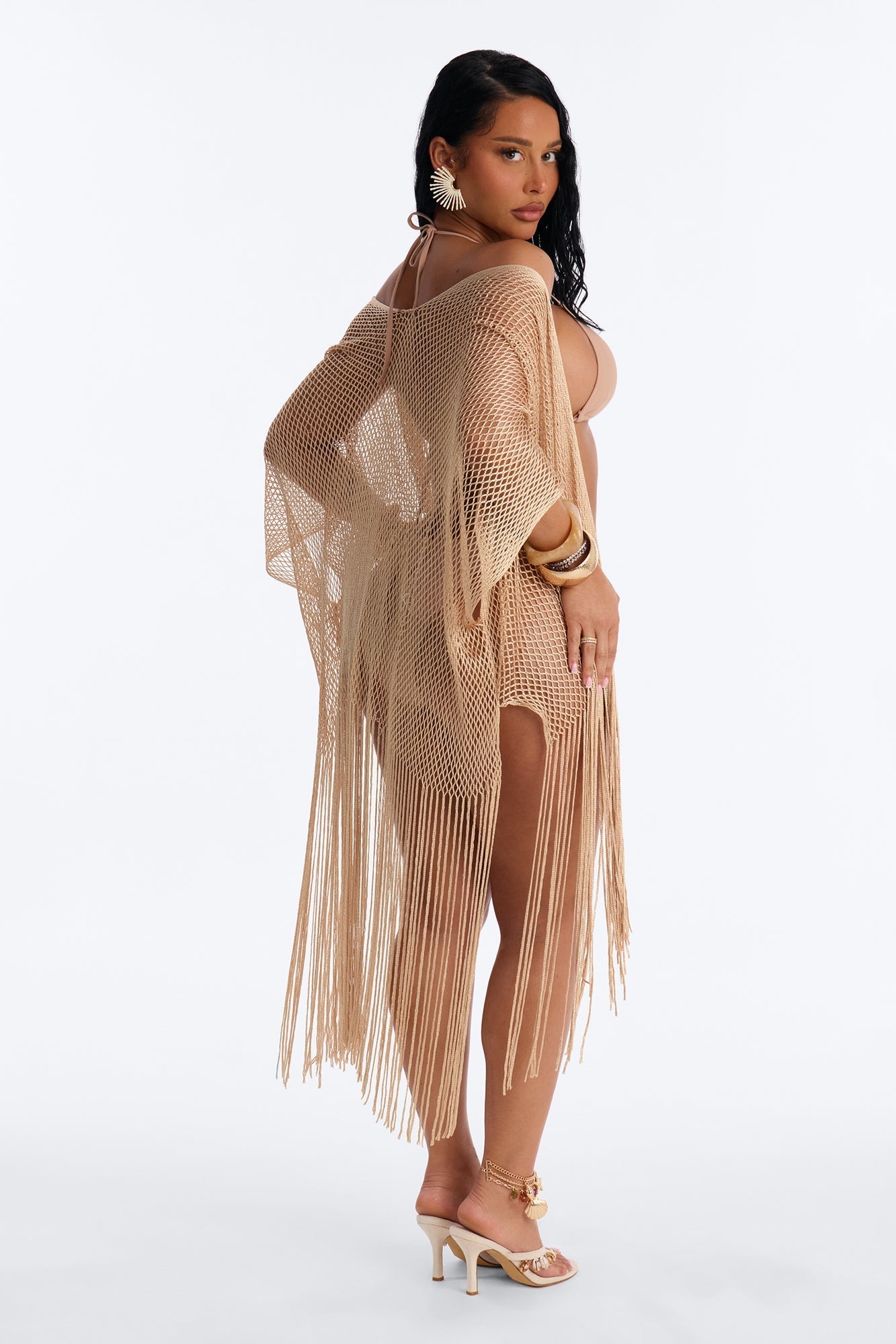 Paula Shimmer Fringe Swim Cover Up Kimono - Gold NEWFASHIONEDGE